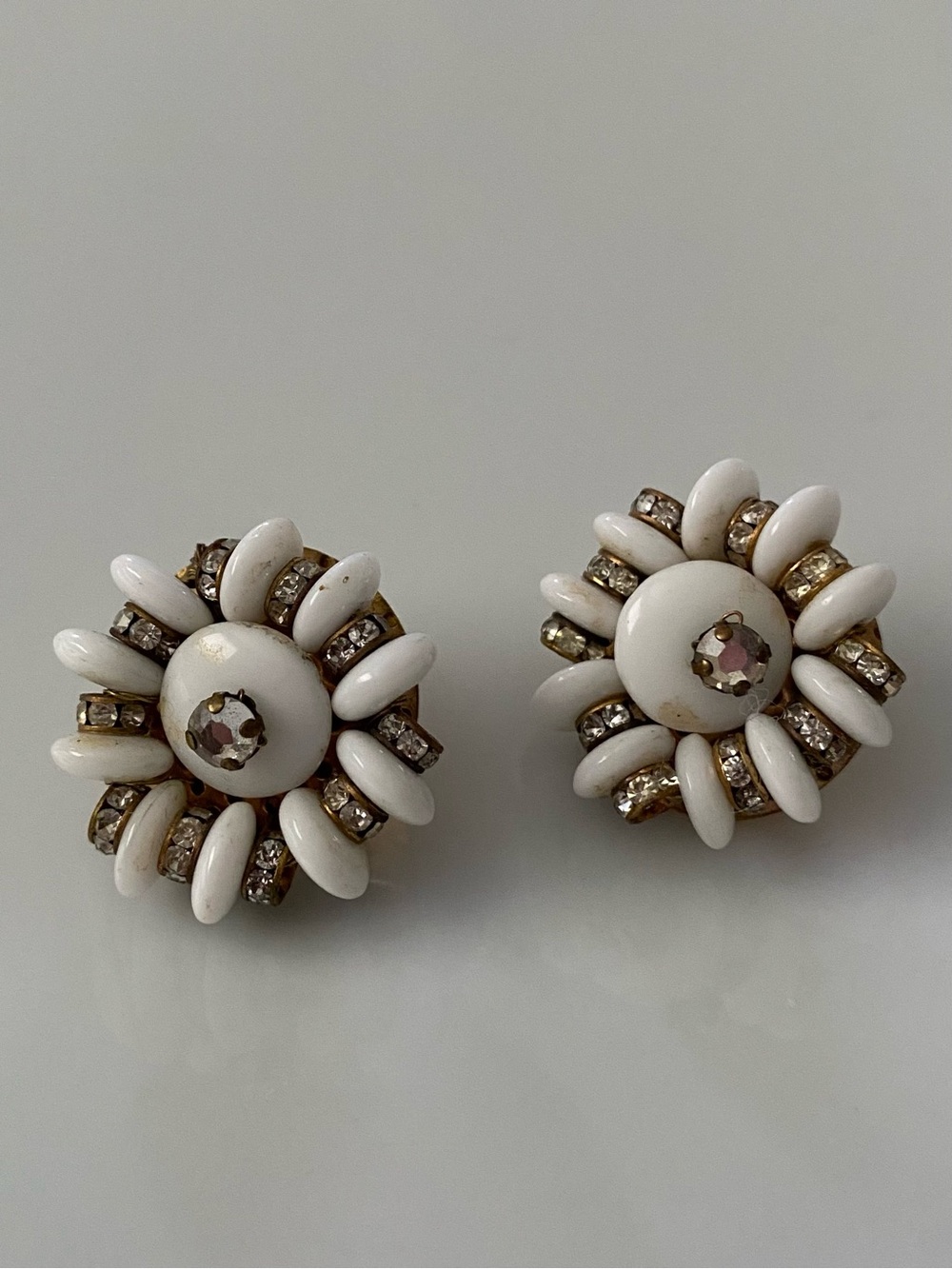 White Floral Cluster Clip-On Earrings with Crystal Accents